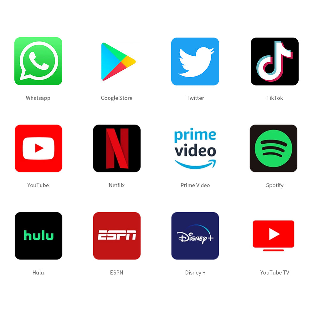 H-Max supporting downloads of popular apps like WhatsApp, YouTube, Hulu, Netflix, Disney+, and TikTok from Google Play Store