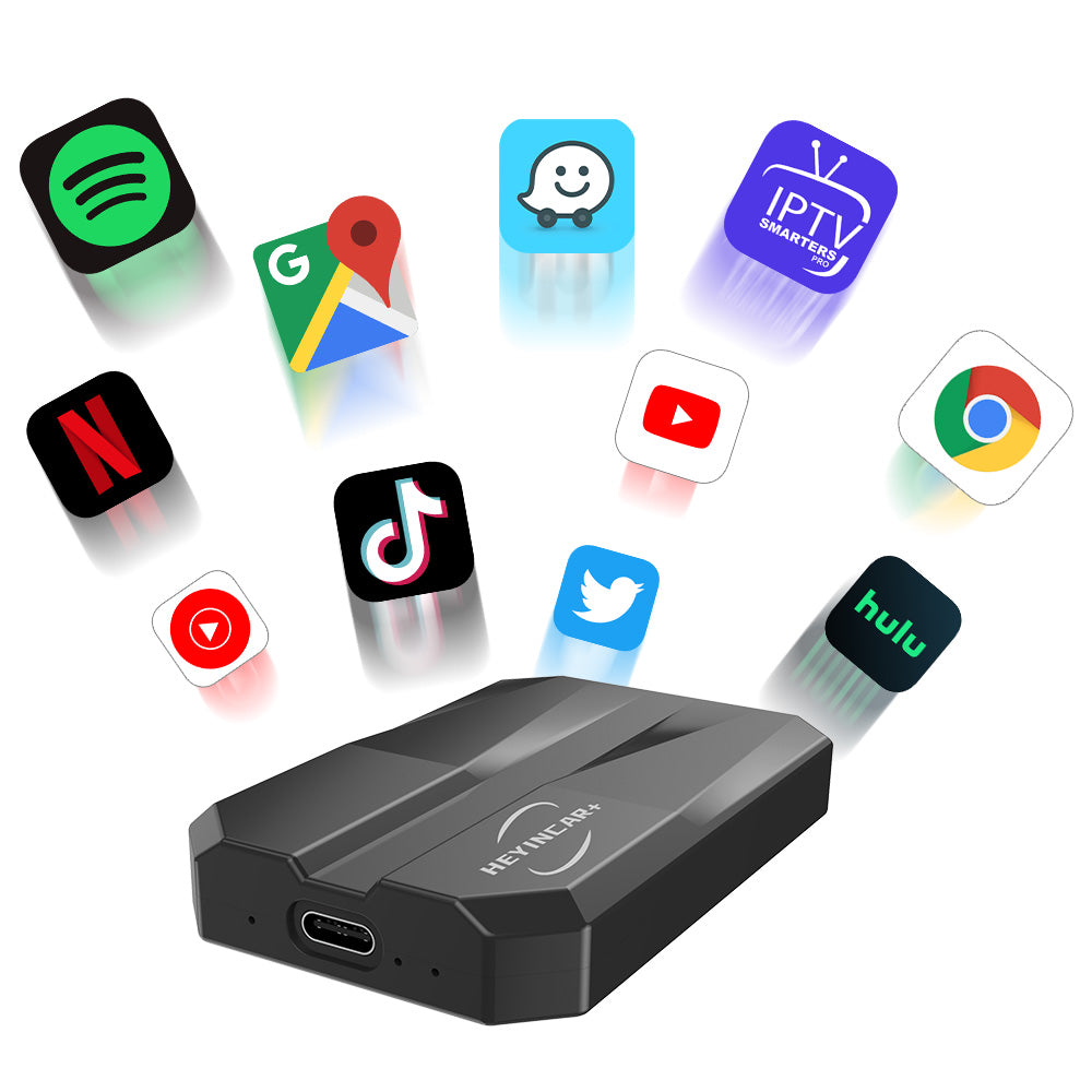 Access a wide range of apps in your car with the Heyincar H1 adapter, featuring Google Play Store downloads for personalized entertainment and utility.