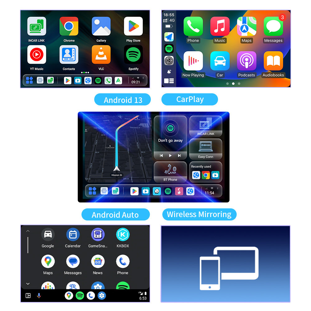 Hmax showcasing its 4-in-1 system with Android 13, CarPlay, Android Auto, and phone mirroring capabilities.
